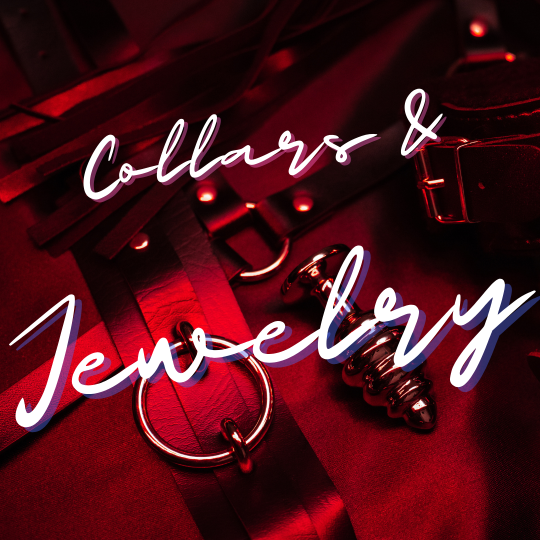 Red image of collar with the words collars and jewlery in the foreground
