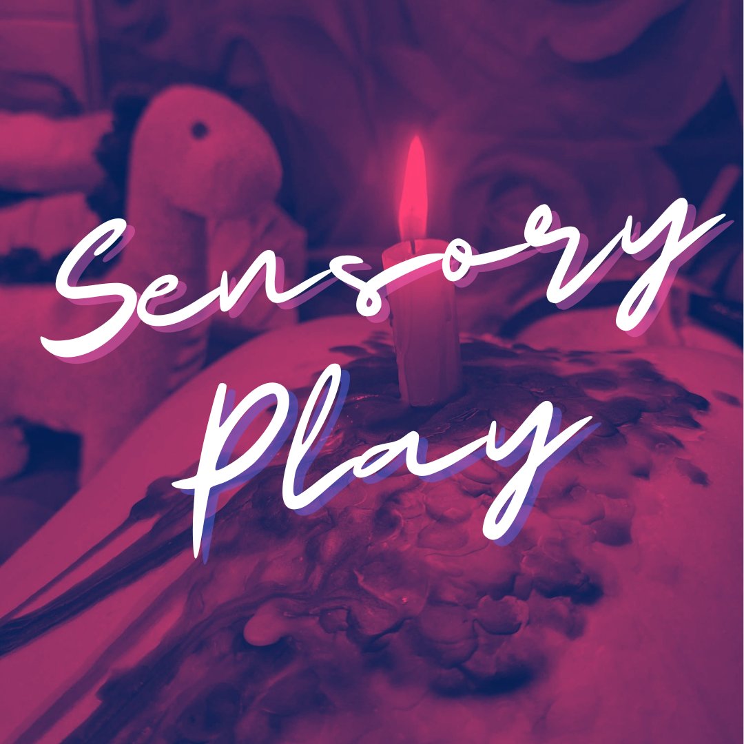 Red and purple image of a person's back with a lit candle dripping wax on them. Words on top say sensory play